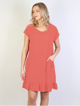 Shift Dress with Flouncy Edge. Cut-out Shoulder and Pockets